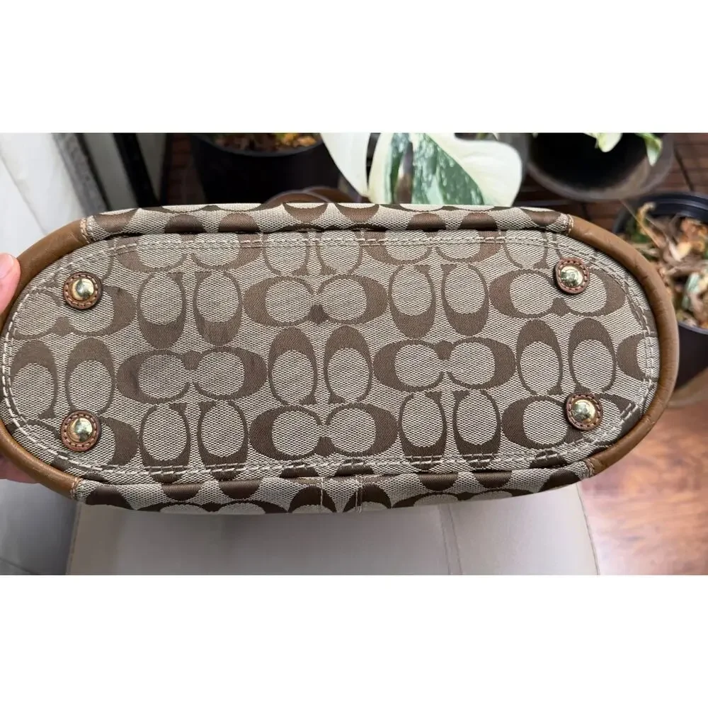 Coach Shoulder Bag Logo Pattern Leather Trim Gold Hardware Pockets